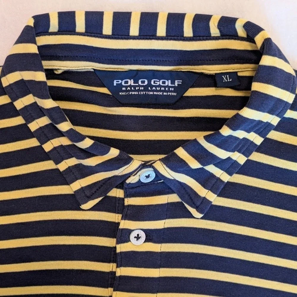 Polo Golf Ralph Lauren Polo Shirt Men XL Navy Blue Yellow Stripe Preppy Y2K 90s
